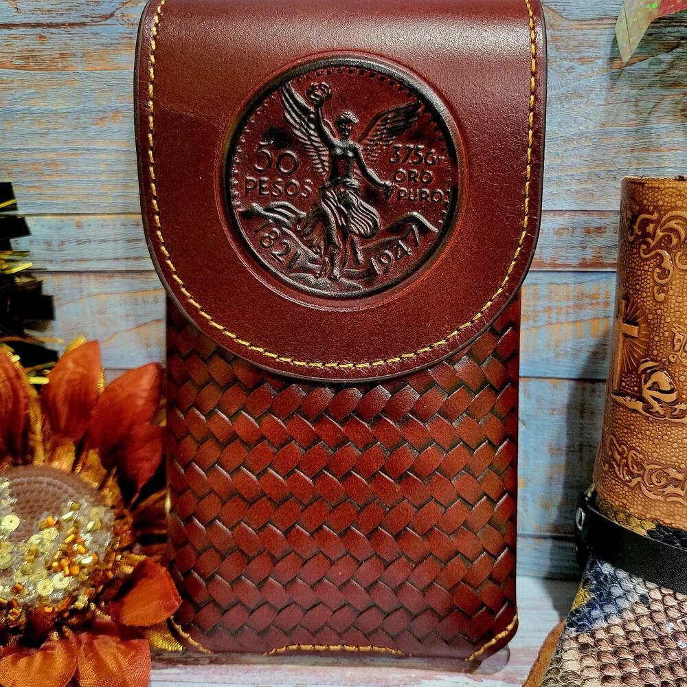 Centenario Embossed Cell Phone Holster genuine Leather Belt Loop Basketweave